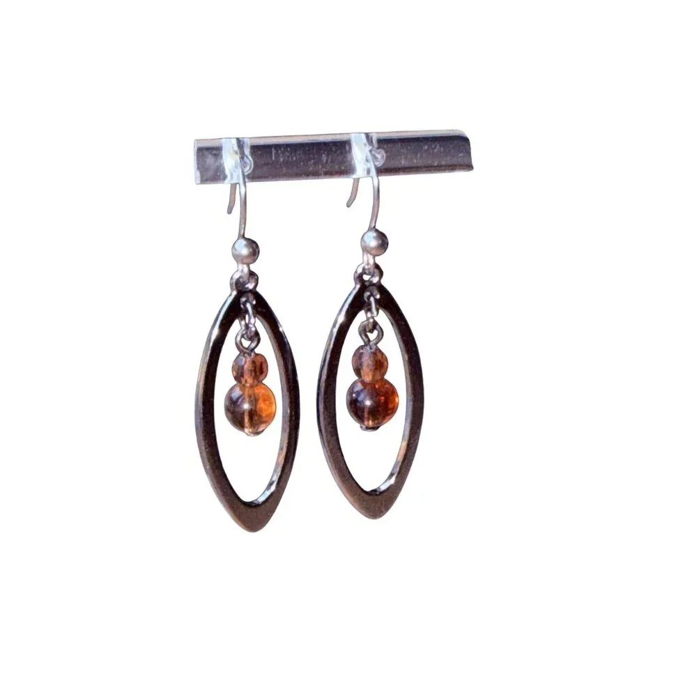 Vintage 1990s‎ Chico’s Silver Oval Amber Bead Dangle Earrings Modern Minimalist